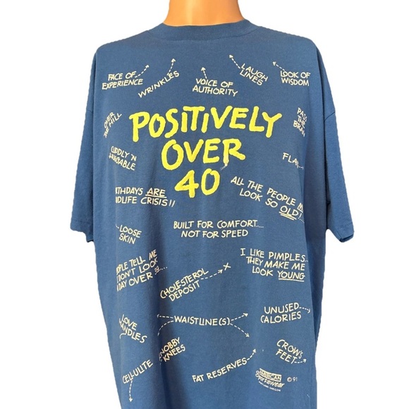 Vintage Hanes Fifty-Fifty Single Stitch POSITIVELY OVER 40 Blue Shirt Puff Print - Picture 1 of 15